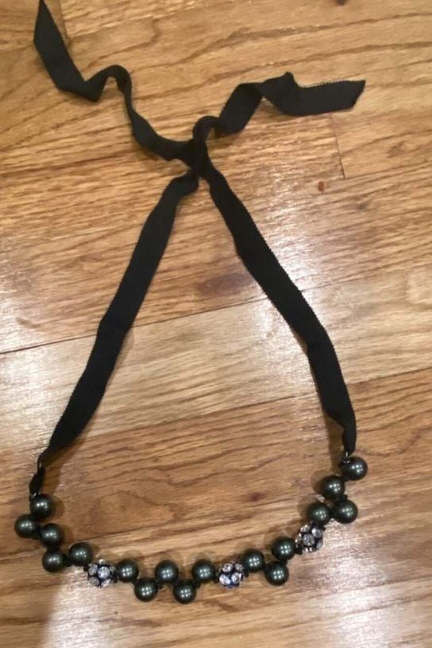 J.Crew Beaded Ribbon Tie Necklace with Rhinestone and Pearl-like Beads